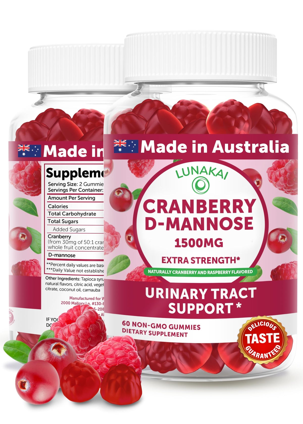 Lunakai Cranberry Gummies bottle front highlighting cranberry and D-Mannose blend