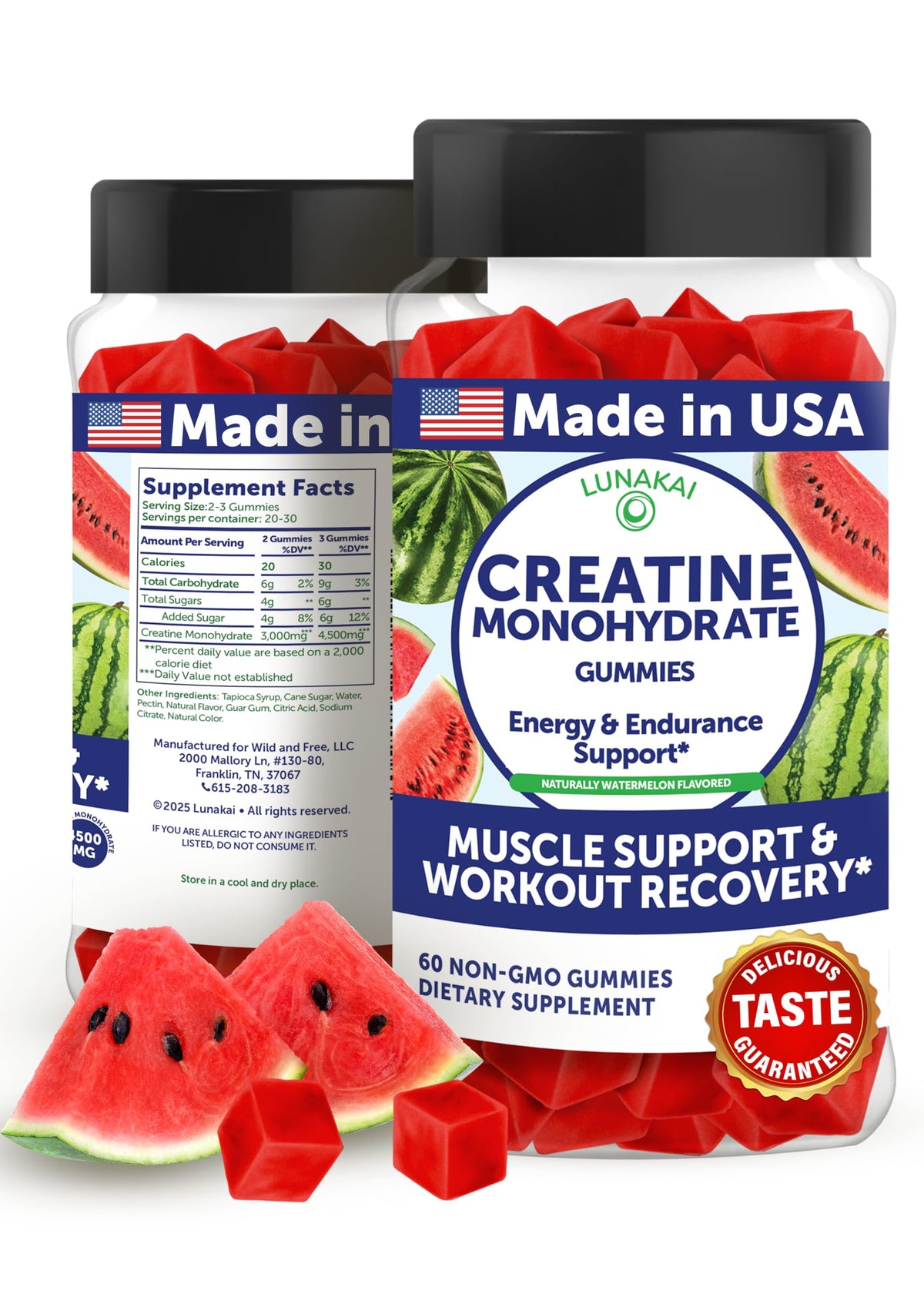 Lunakai creatine gummies bottle front highlights vegan, stimulant-free formula for daily workouts.