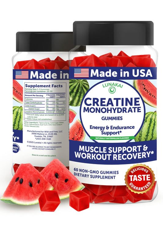 Lunakai creatine gummies bottle front highlights vegan, stimulant-free formula for daily workouts.