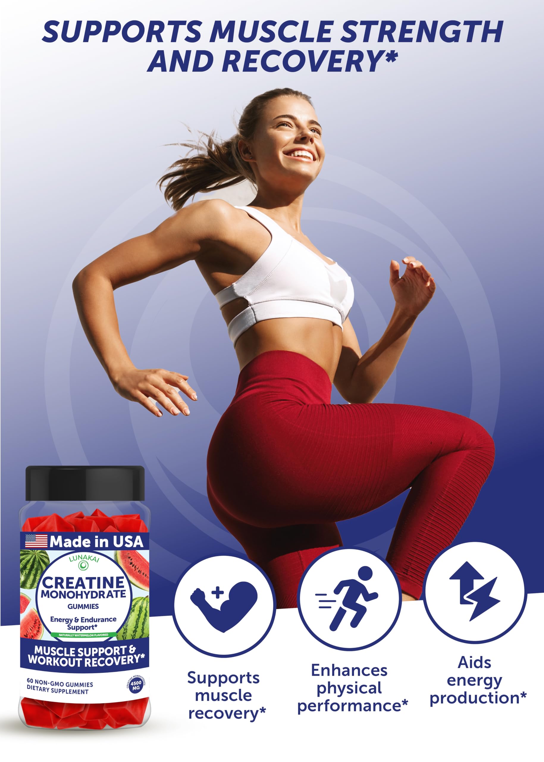 Lunakai creatine gummies vegan-label shows allergen-free ingredients.