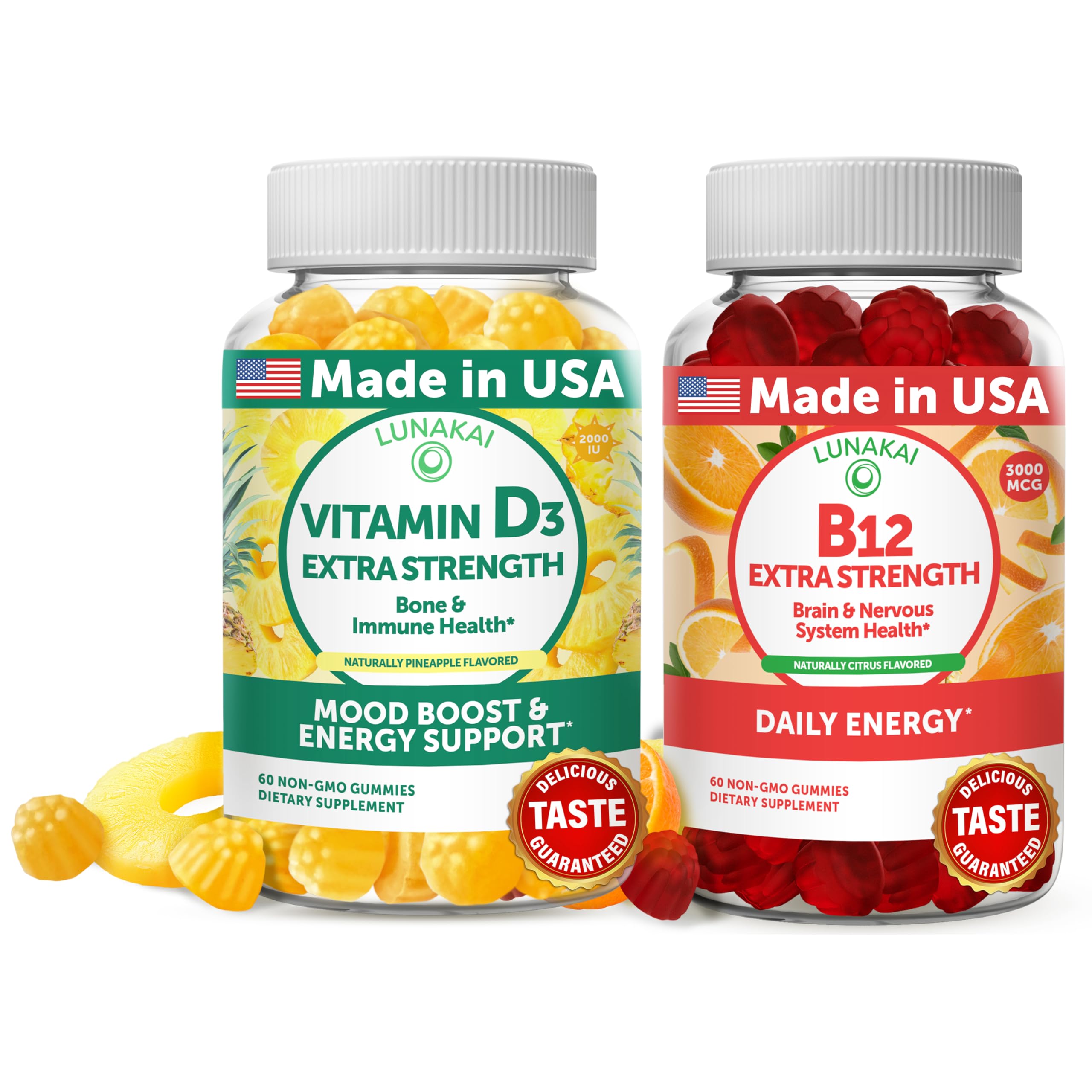 Lunakai D3 B12 gummies bundle packaging for easy daily energy support