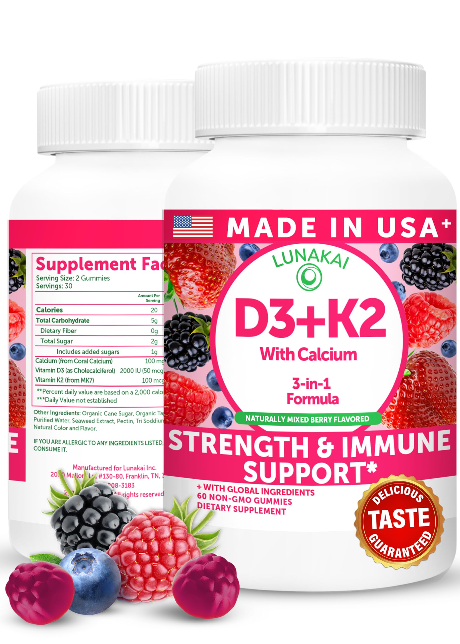 Lunakai D3 K2 Gummies bottle for daily vegan bone and immune support.