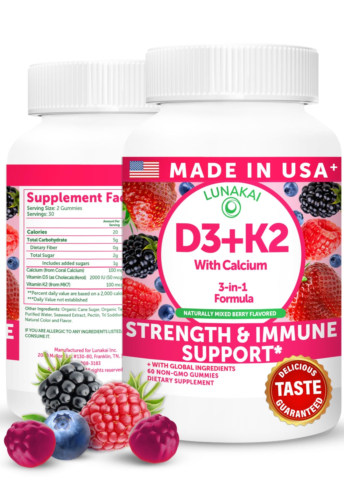 Lunakai D3 K2 Gummies bottle for daily vegan bone and immune support.