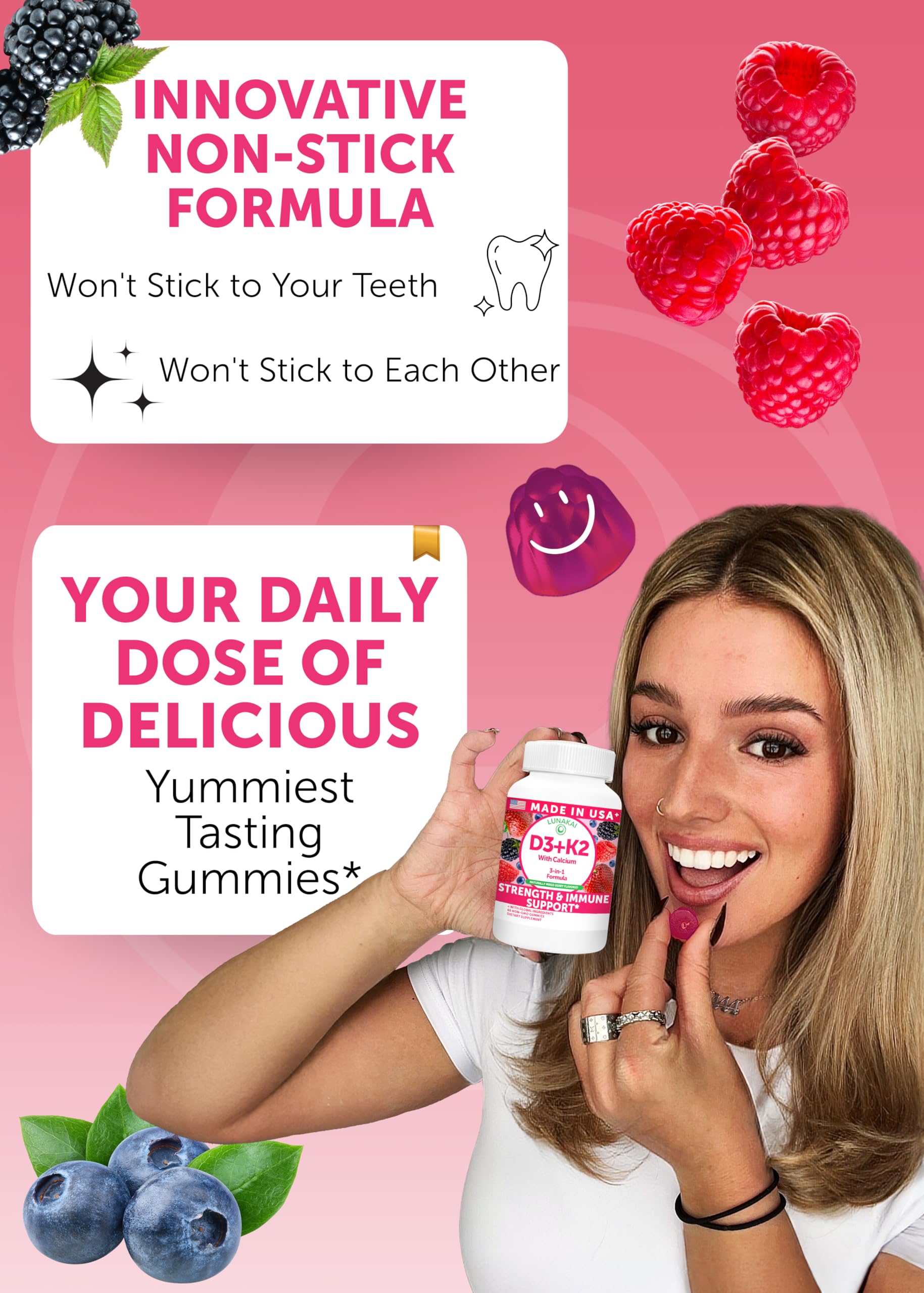 Lunakai D3 K2 Gummies label highlights 2000 IU D3 and 100 mcg K2.