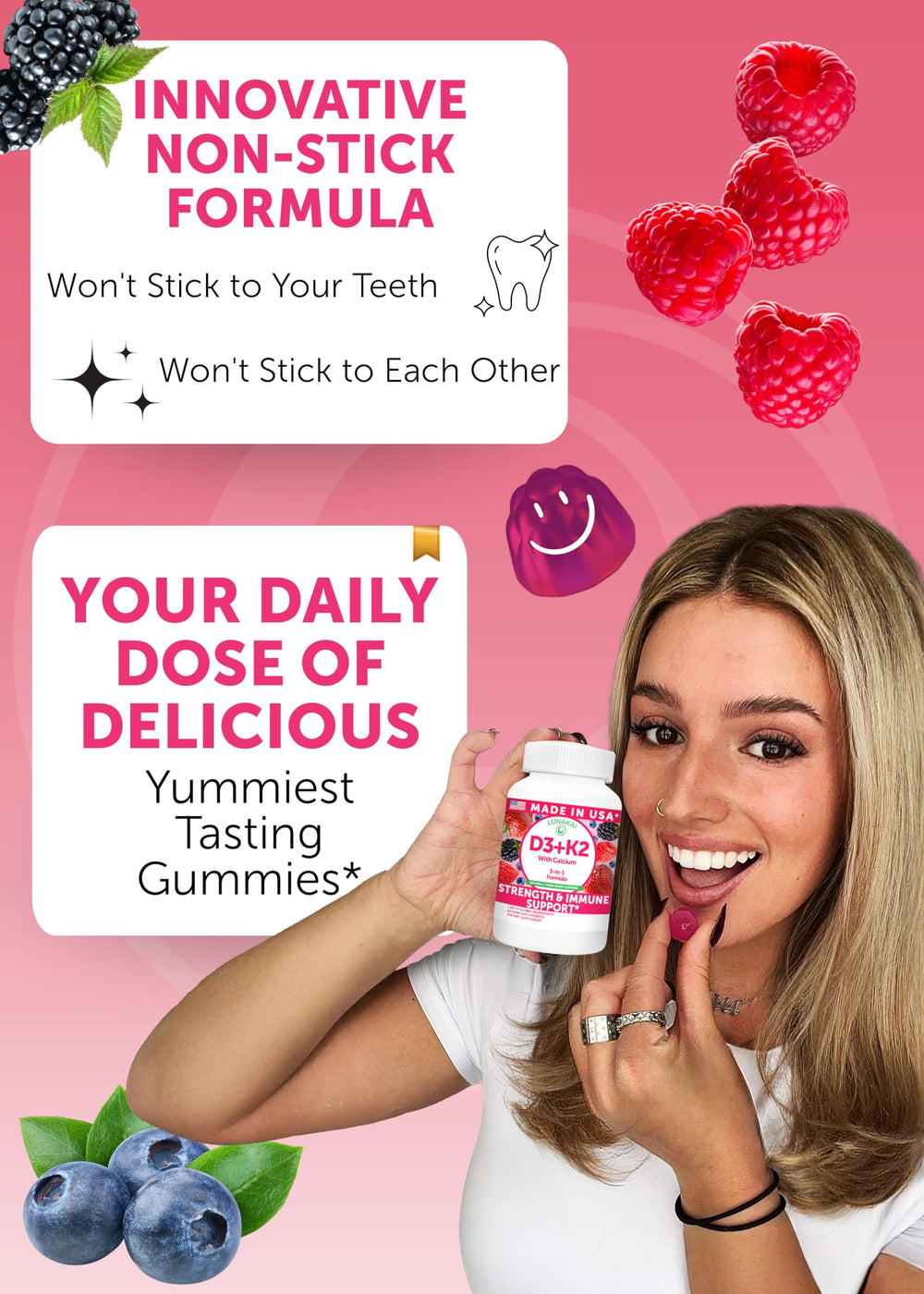 Lunakai D3 K2 Gummies label highlights 2000 IU D3 and 100 mcg K2.