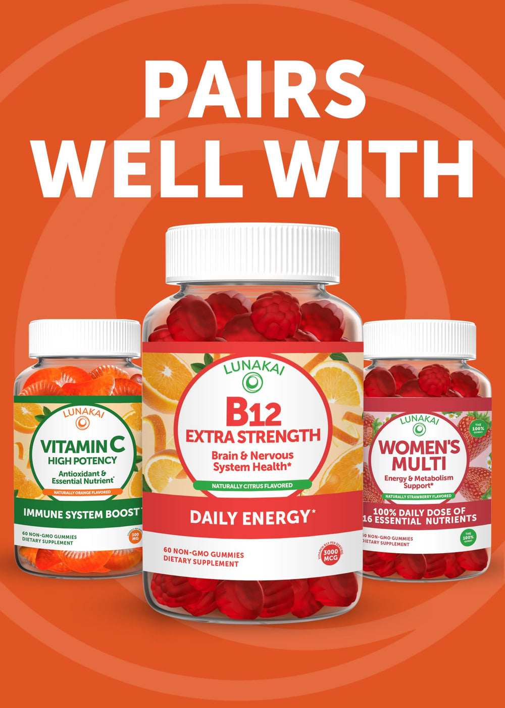 Lunakai daily-dose 60-count gummies showcased as convenient daily supplement.
