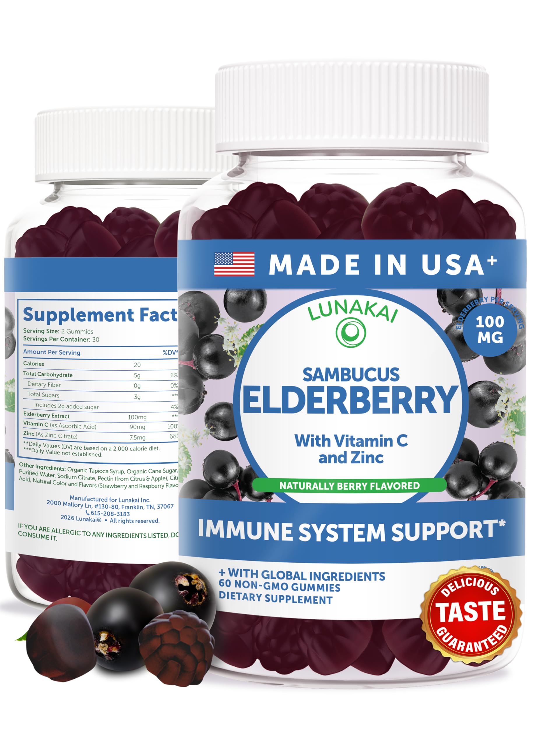 Lunakai elderberry gummies bottle-front showing family-friendly immune support in a tasty chew