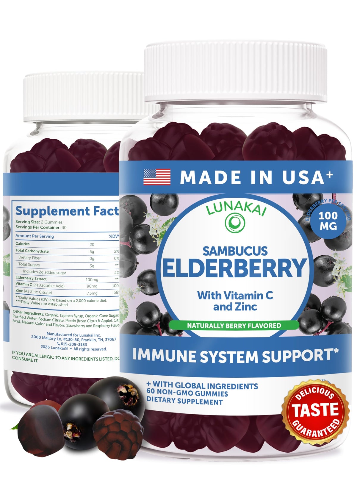 Lunakai elderberry gummies bottle-front showing family-friendly immune support in a tasty chew