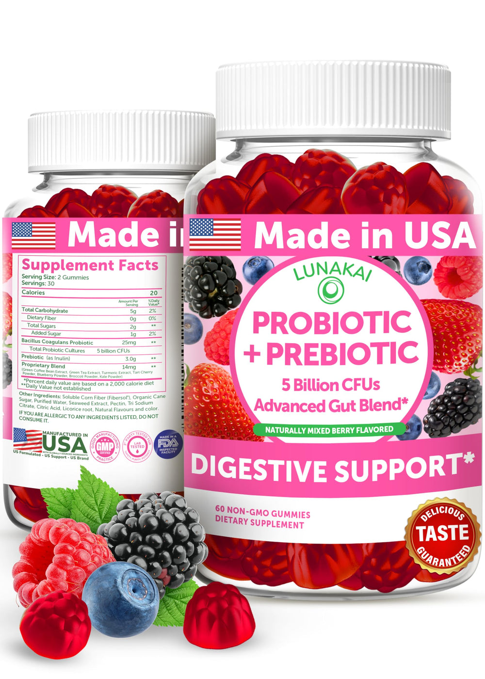 Lunakai berry gummies bottle front showcases convenient daily gut support.