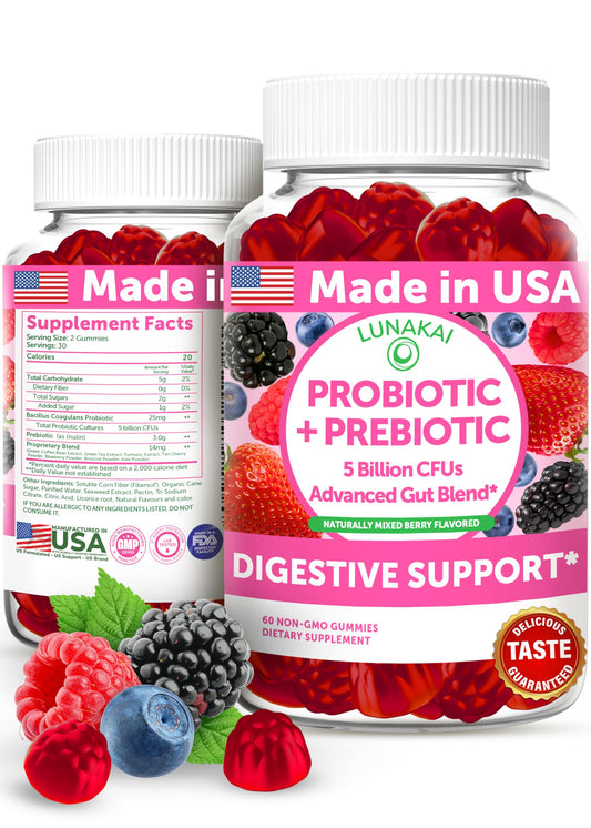 Lunakai berry gummies bottle front showcases convenient daily gut support.