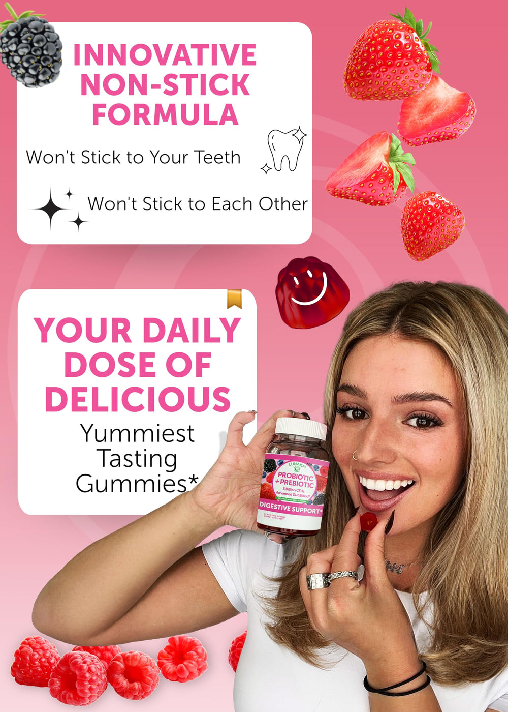Lunakai gummies closeup texture highlights chewable flavor for daily routines.