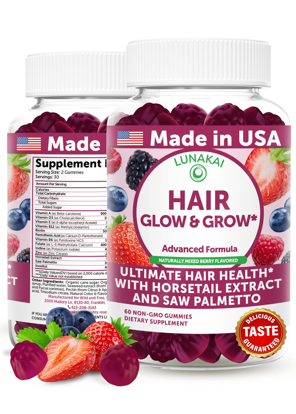 Lunakai hair gummies bottle close-up, highlighting USA-made formula for daily hair support.