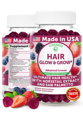 Lunakai hair gummies bottle close-up, highlighting USA-made formula for daily hair support.