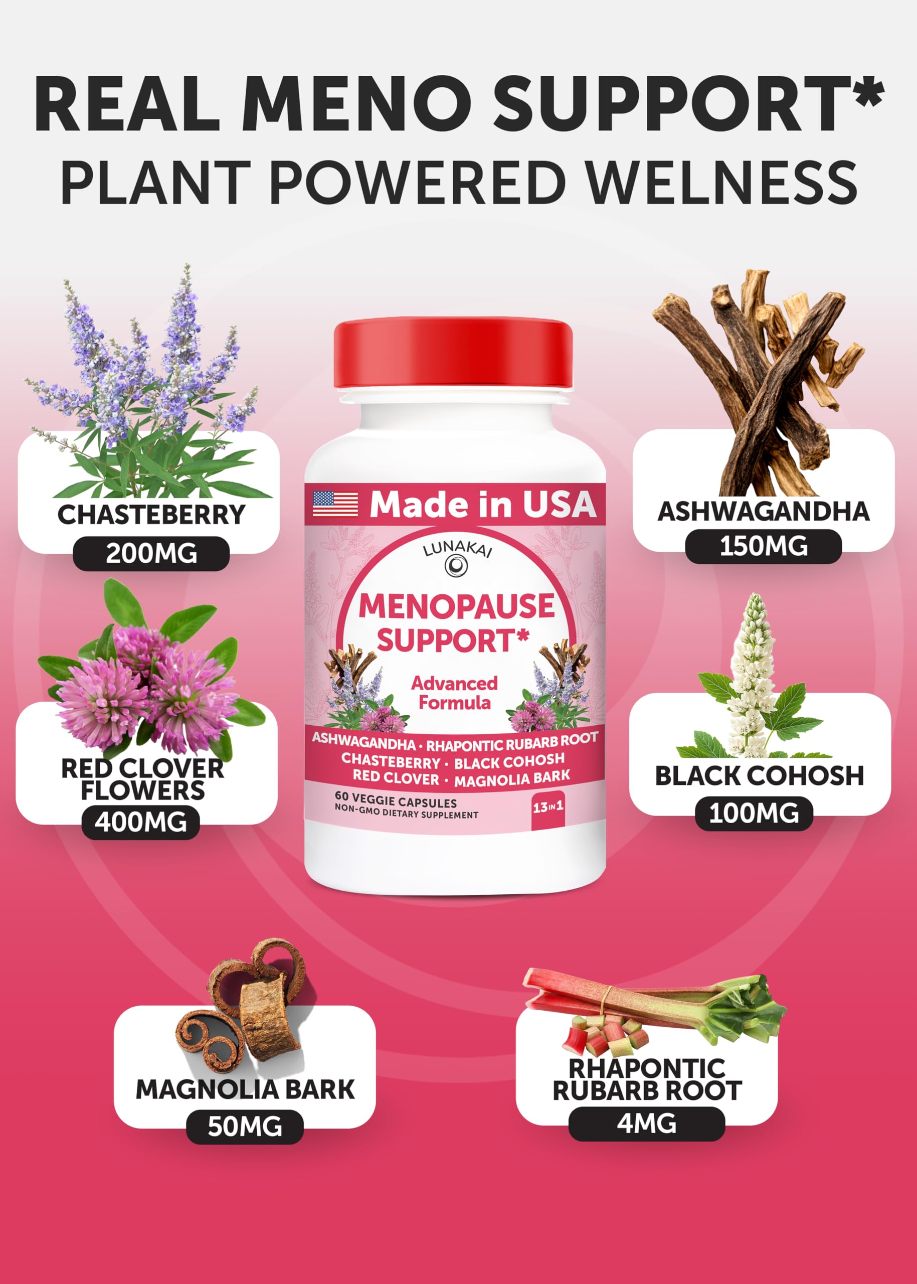 Lunakai ingredients close-up with ashwagandha and red clover for natural balance.