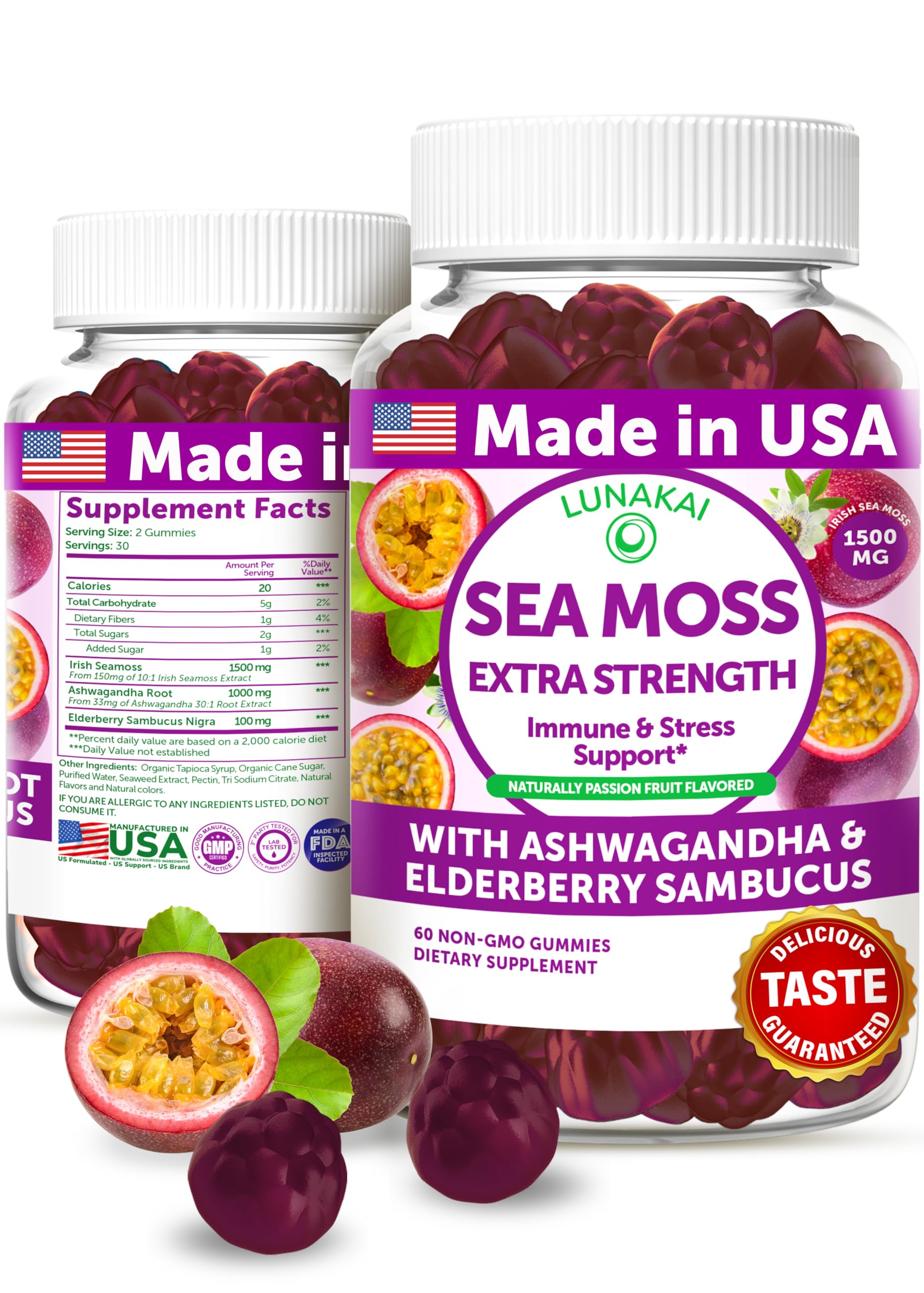 Lunakai Irish Sea Moss Gummies bottle highlight with ash for immune balance in a tasty form.