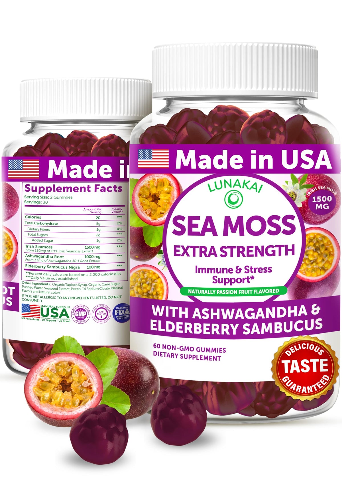 Lunakai Irish Sea Moss Gummies bottle highlight with ash for immune balance in a tasty form.