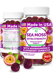 Lunakai Irish Sea Moss Gummies bottle highlight with ash for immune balance in a tasty form.