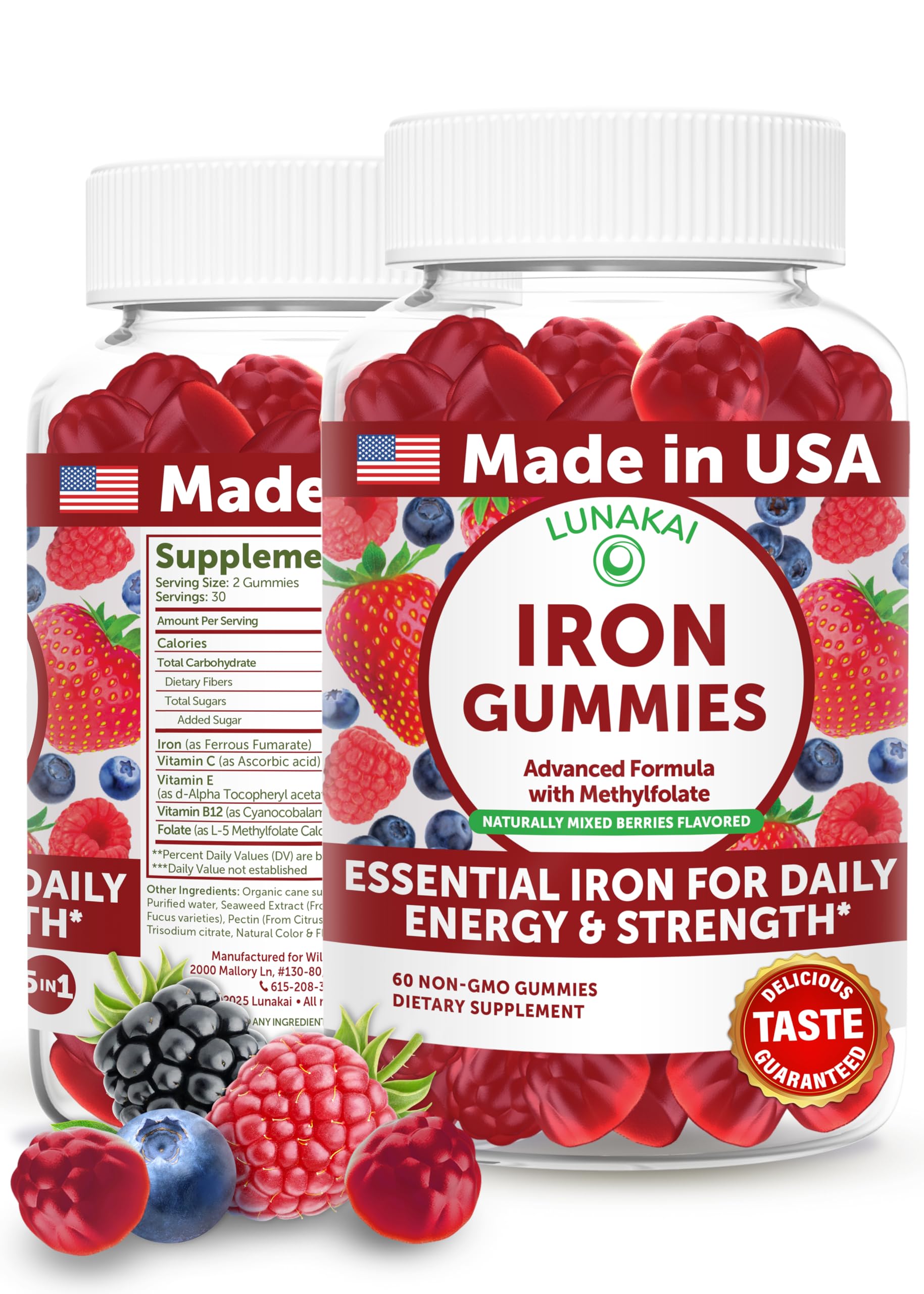 Lunakai iron gummies berry flavor bottle for daily iron support.
