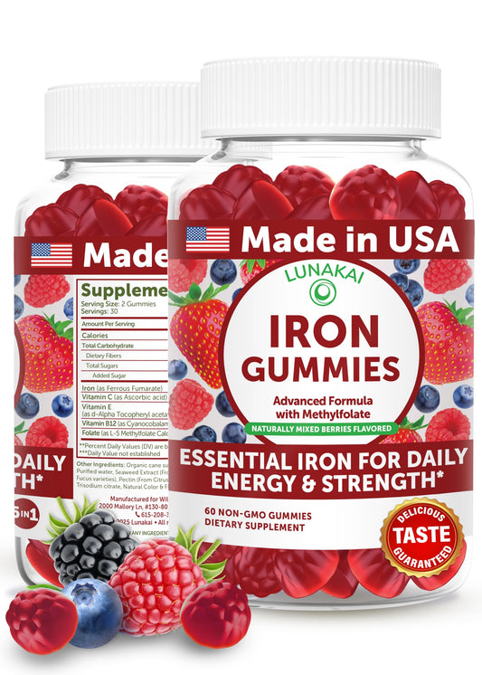 Lunakai iron gummies berry flavor bottle for daily iron support.