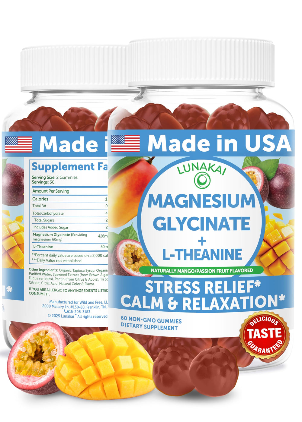 Lunakai magnesium glycinate gummies bottle promoting daily calm and relaxation