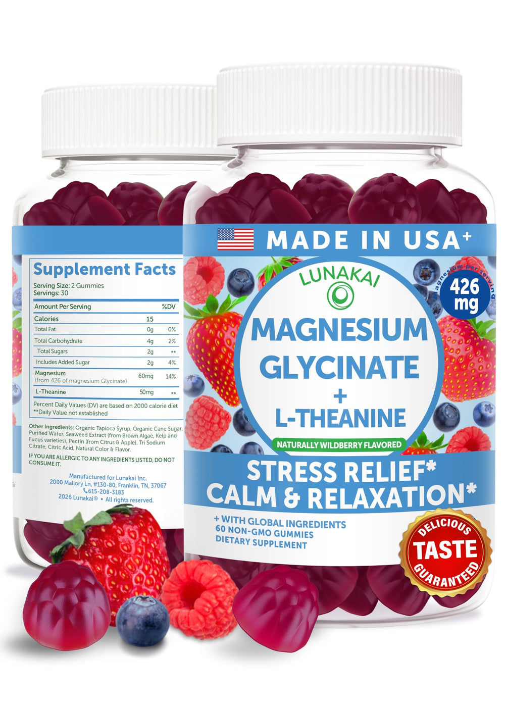 Lunakai magnesium glycinate gummies wildberry bottle showcases a calm, tasty daily supplement