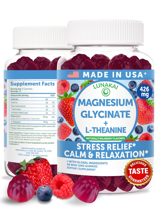 Lunakai magnesium glycinate gummies wildberry bottle showcases a calm, tasty daily supplement