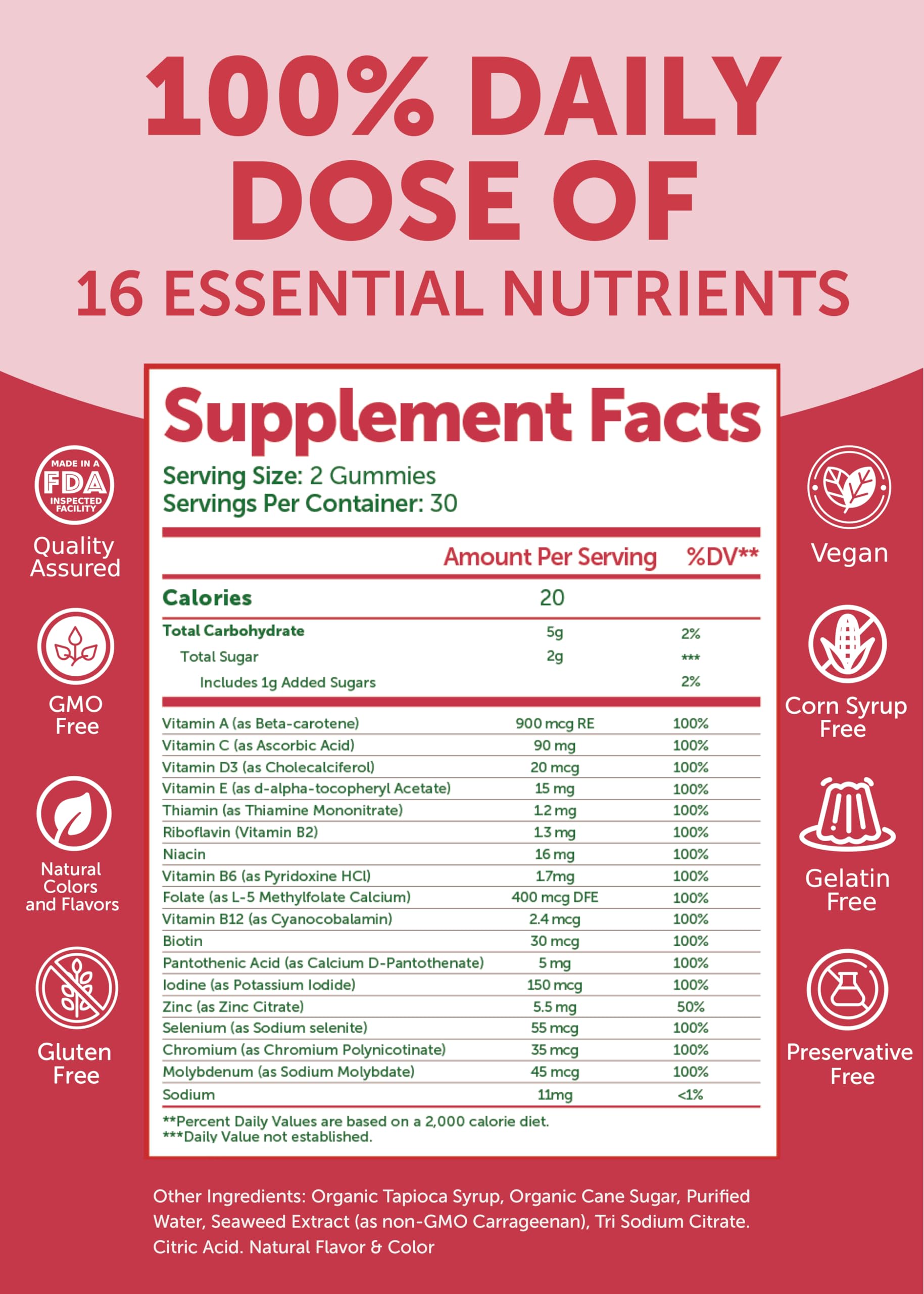 Lunakai nutrition facts panel highlights 16 vitamins and minerals.
