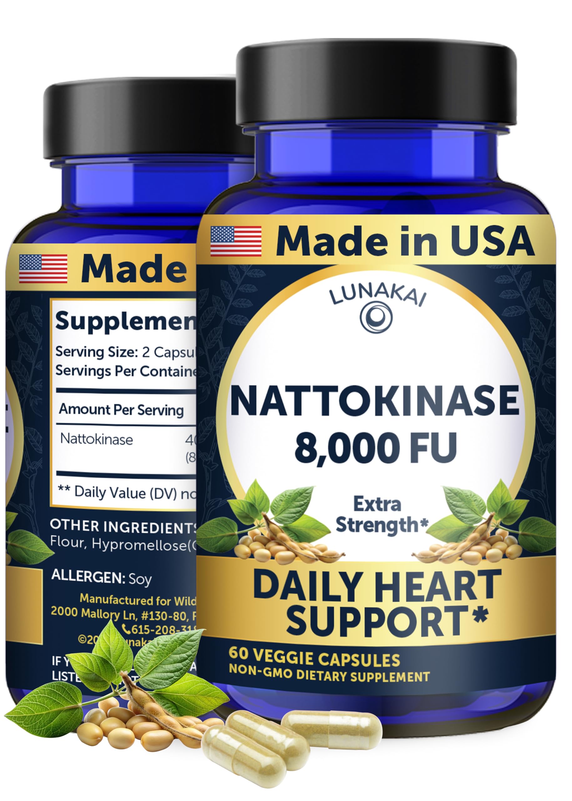 Lunakai nattokinase bottle label highlighting 8000 FU per serving for circulation support.