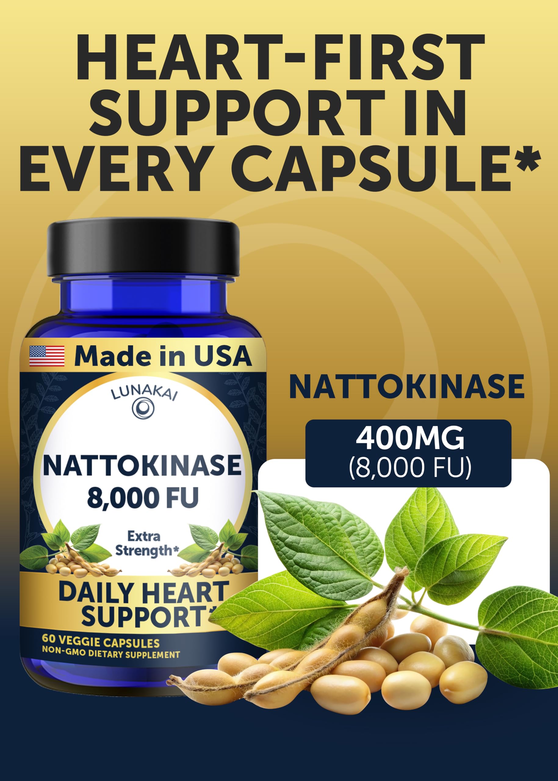 Lunakai nattokinase bottle pour illustrates simple two-capsule daily routine.