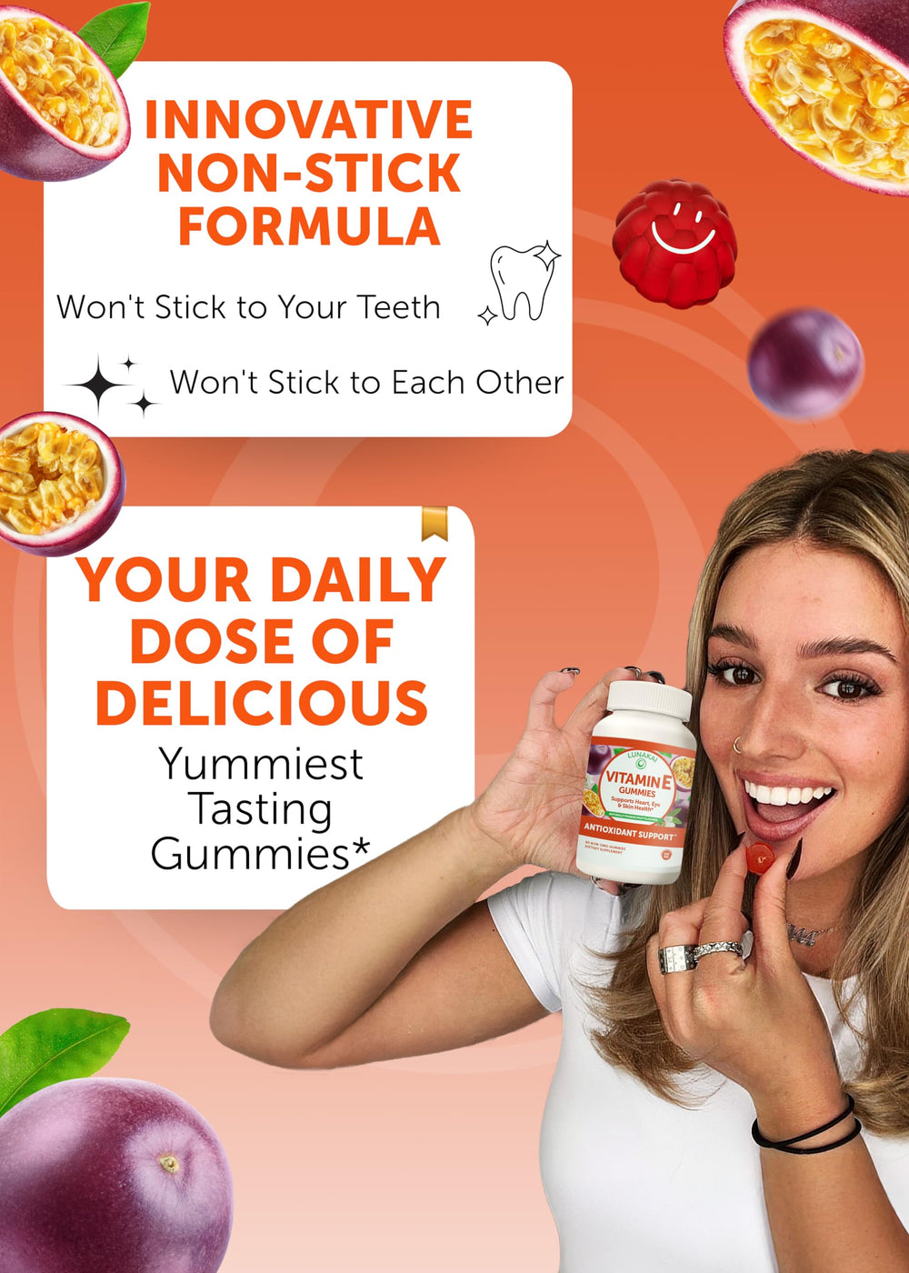 Lunakai natural-flavor gummies close-up highlighting vegan, soy-free ingredients.
