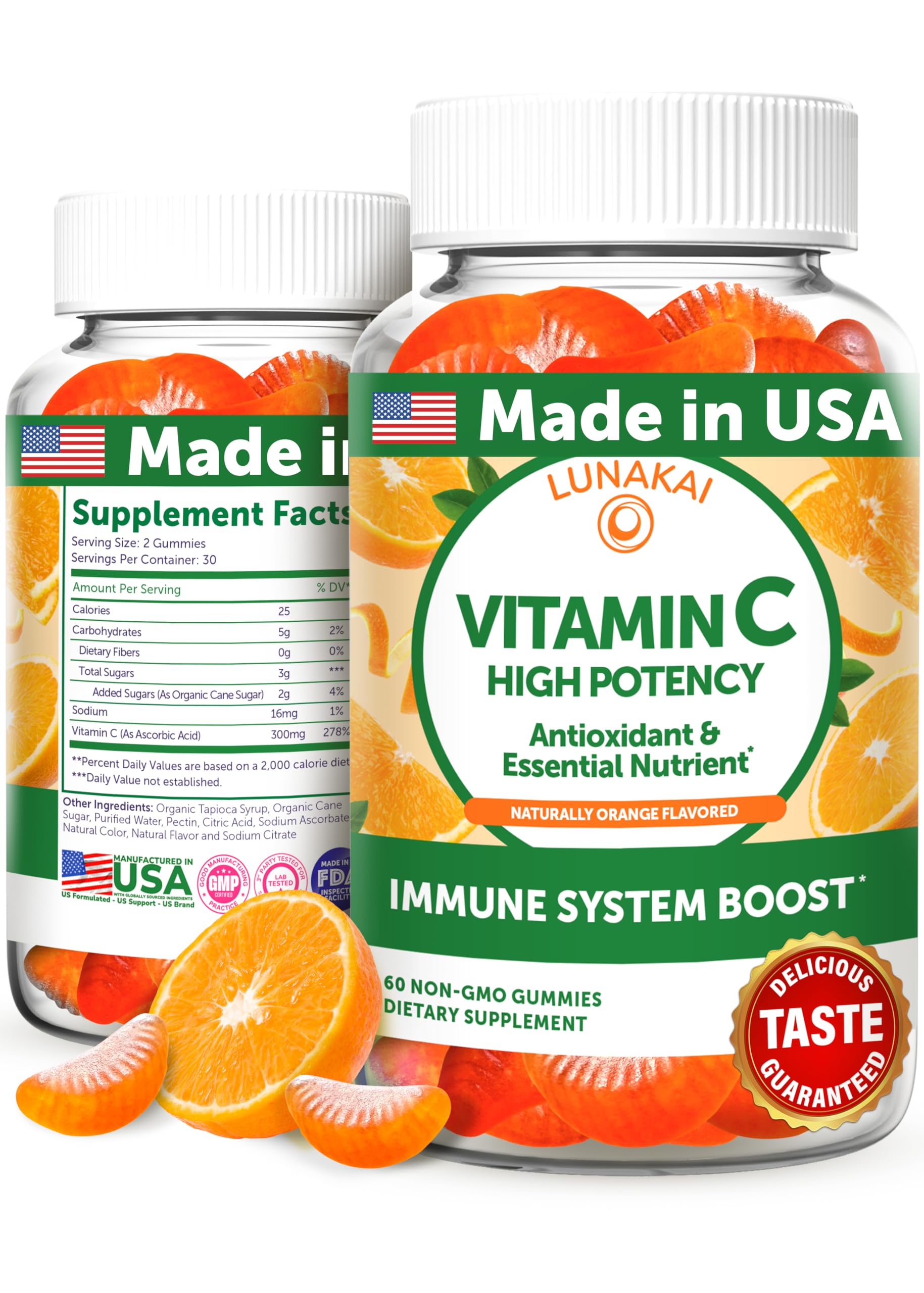 Lunakai Vitamin C Gummies bottle close-up with orange flavor for immune support