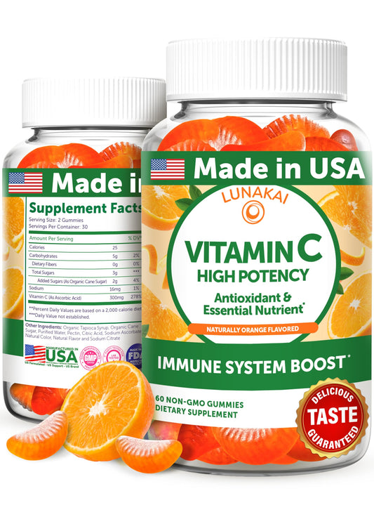 Lunakai Vitamin C Gummies bottle close-up with orange flavor for immune support