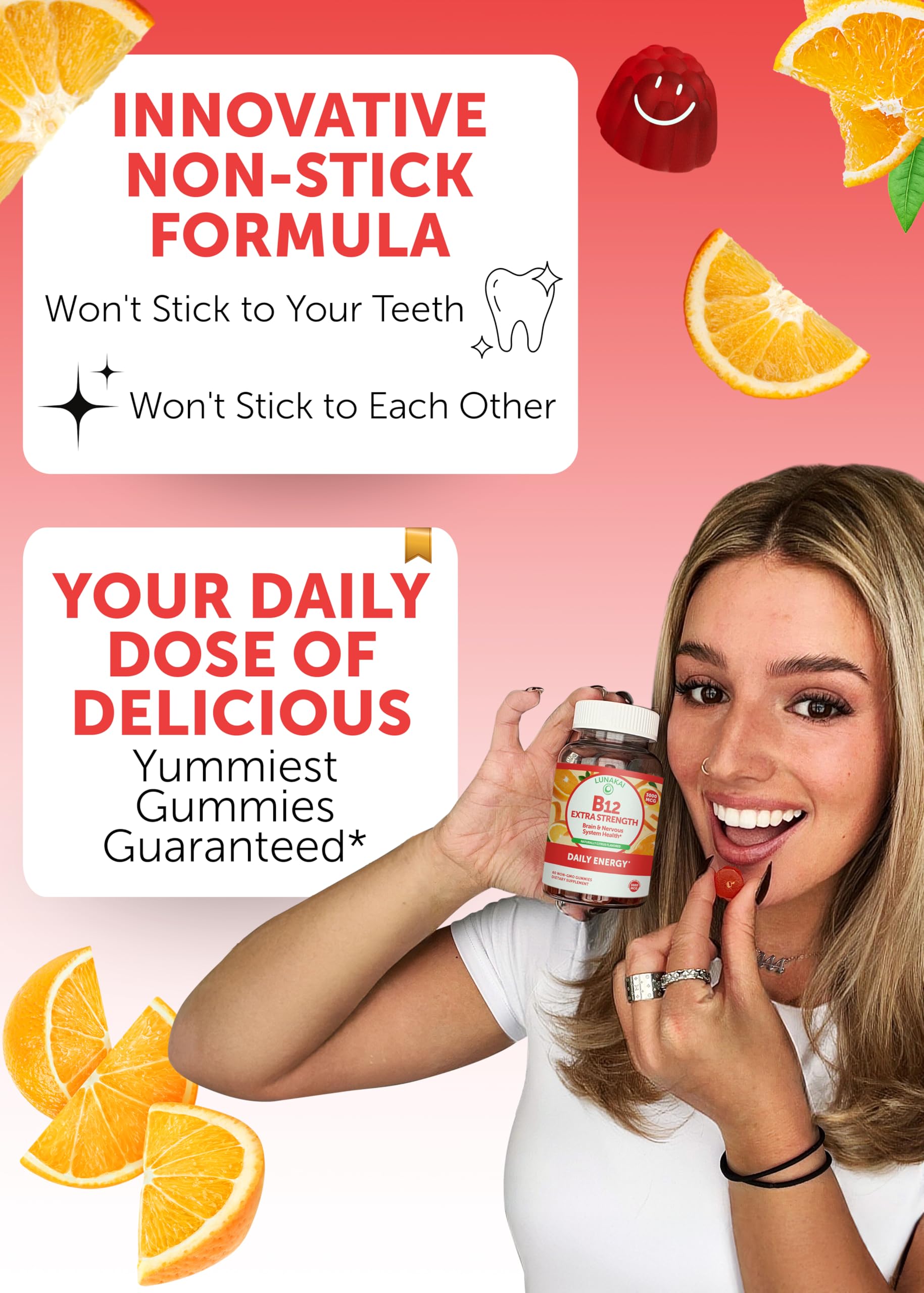 Lunakai orange-flavored gummies in a resealable pouch for daily boost.