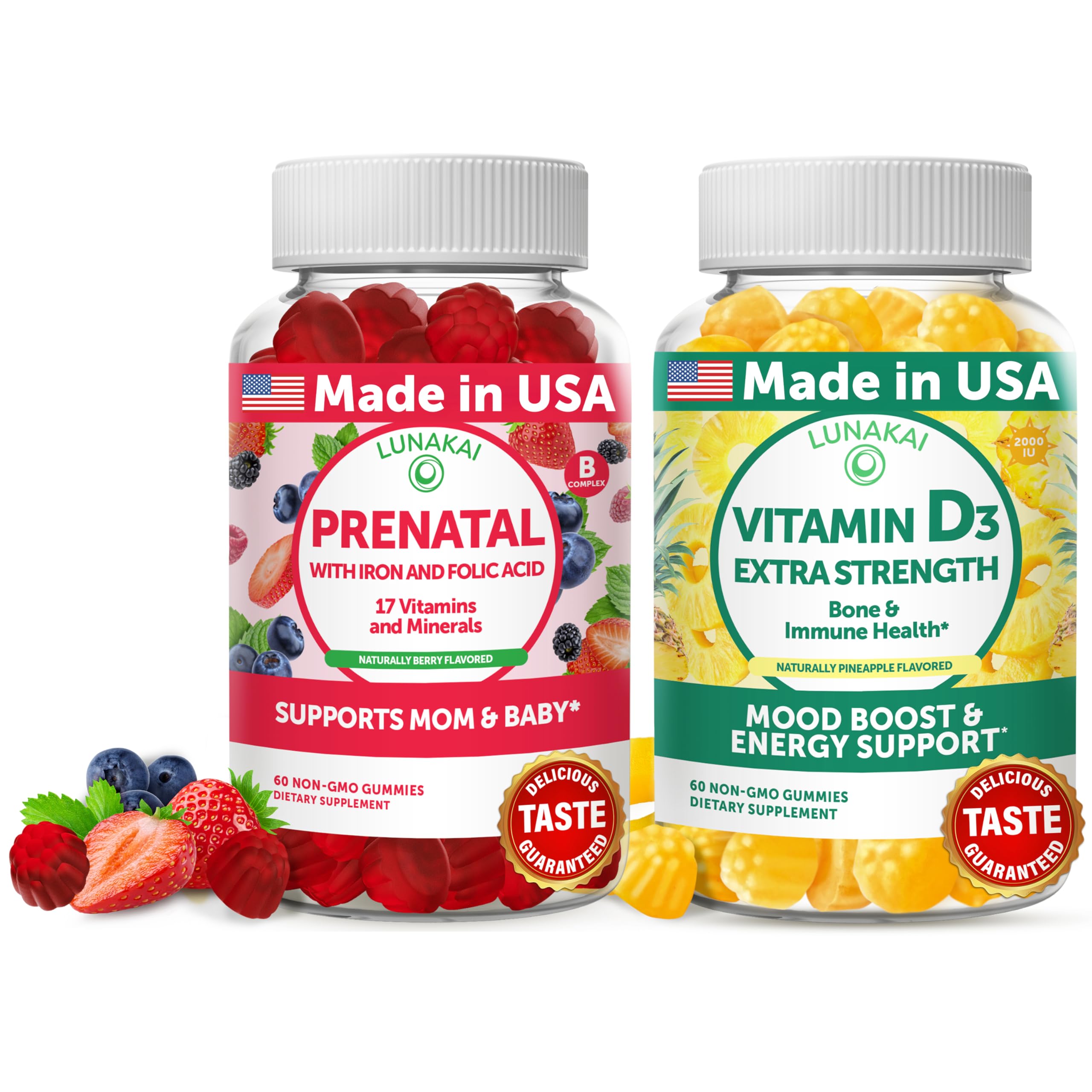 Lunakai Prenatal Gummies bottle shot highlights easy daily supplementation for busy pregnancies.