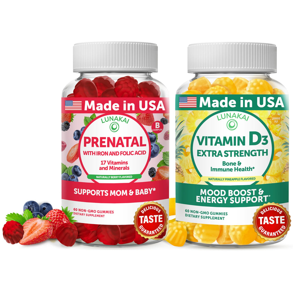 Lunakai Prenatal Gummies bottle shot highlights easy daily supplementation for busy pregnancies.
