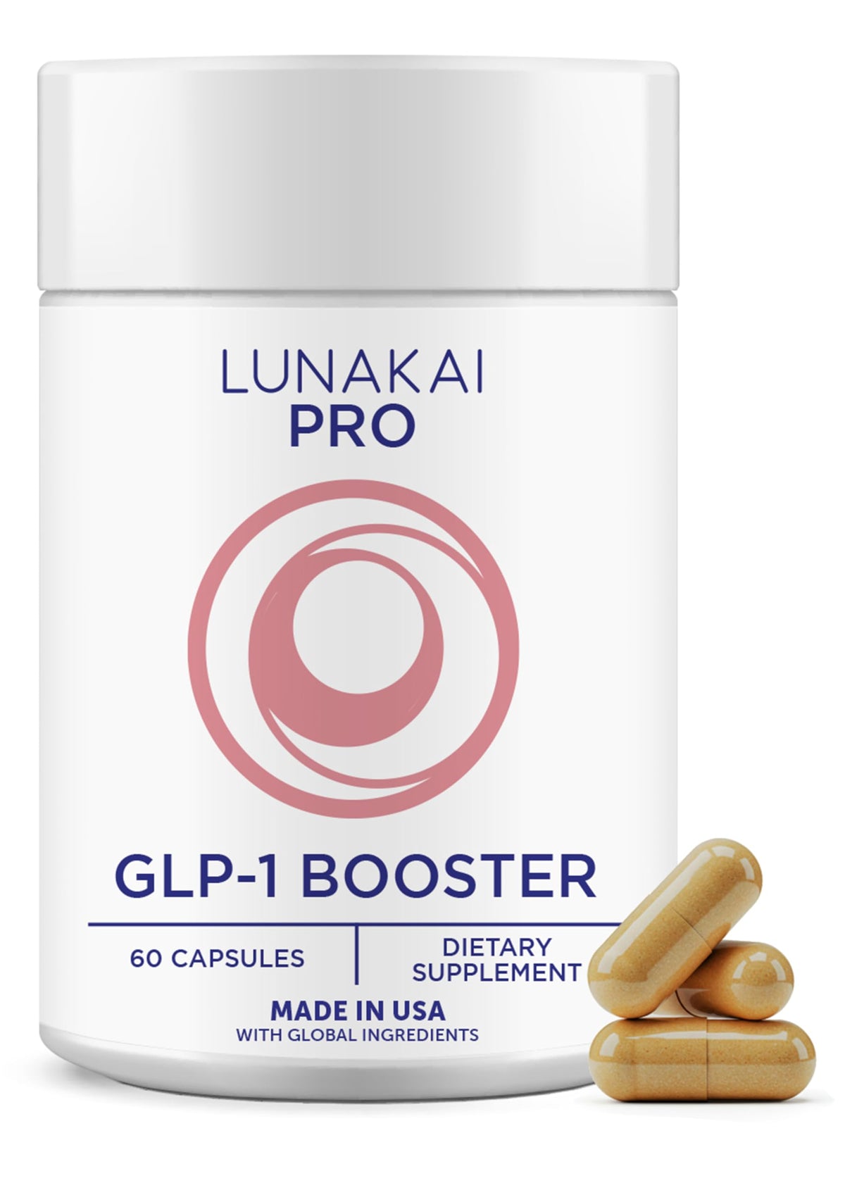 Lunakai Pro GLP-1 bottle: convenient daily capsules for mindful eating support.