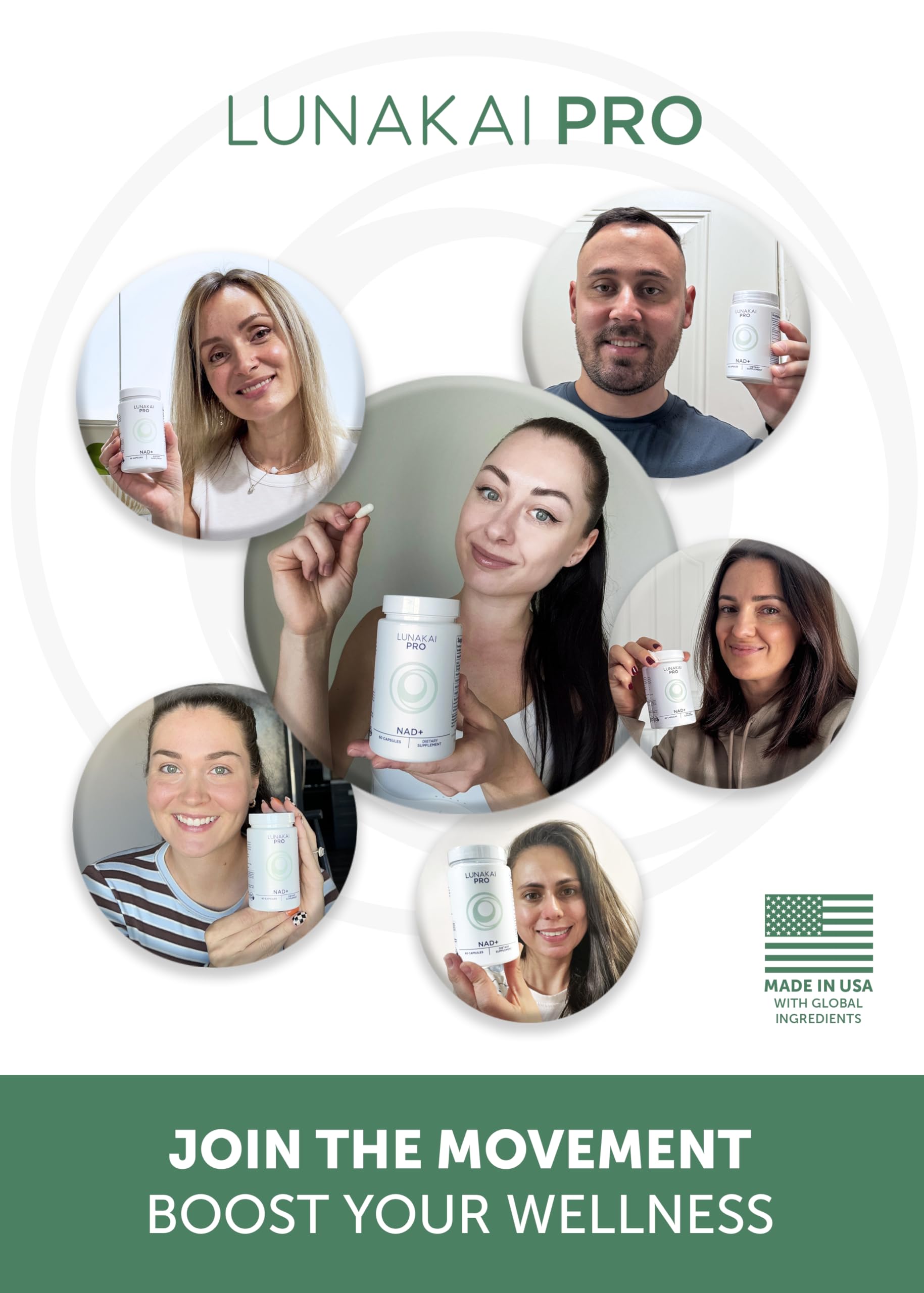 Lunakai PRO NAD bottle with glossy finish suggesting premium supplement experience.