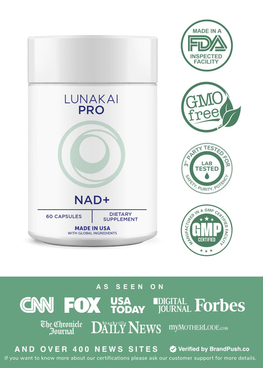 Lunakai PRO NAD capsules close-up showing easy daily dosage for wellness.
