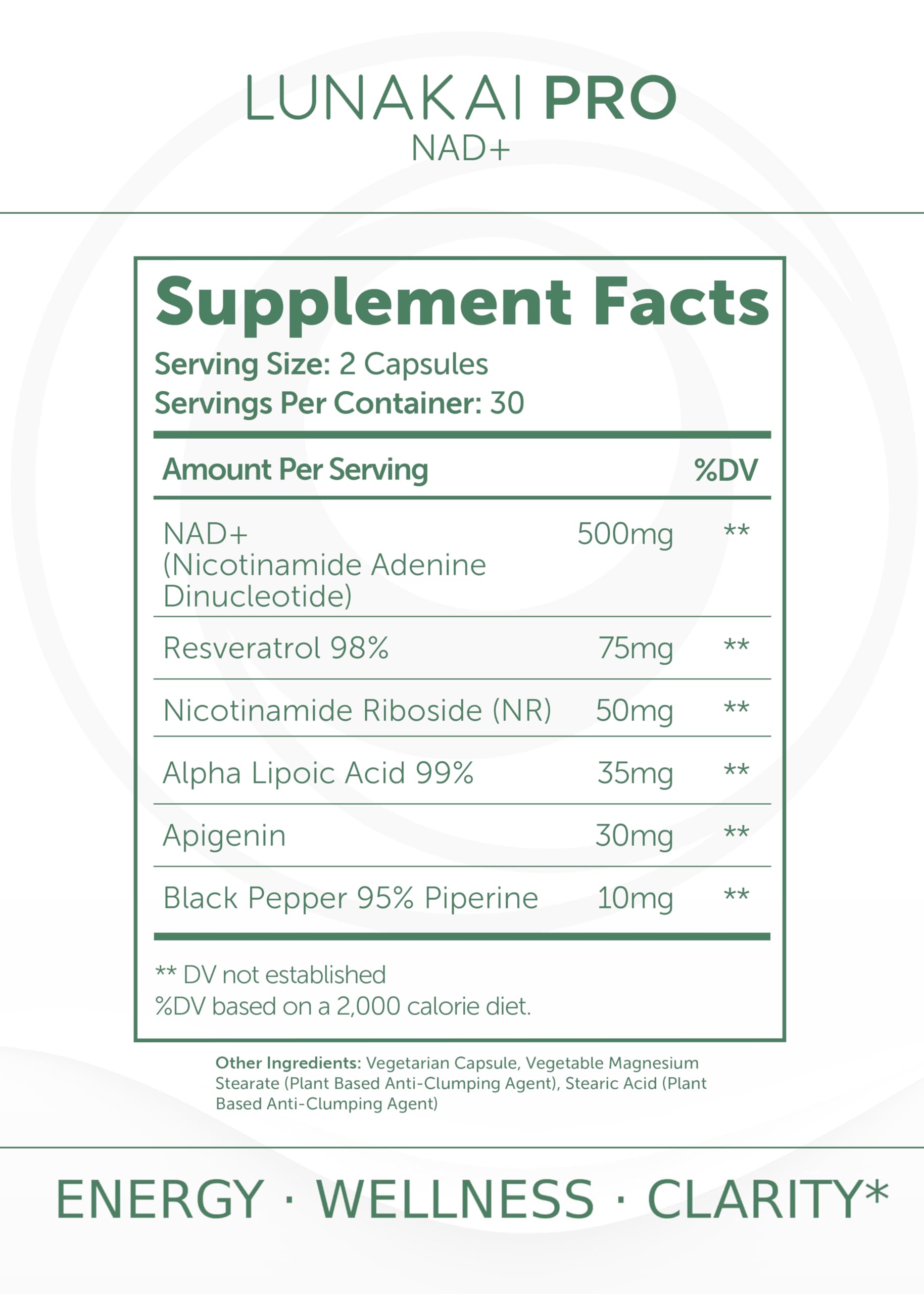Lunakai PRO NAD ingredient focus NR and resveratrol for cellular health support.
