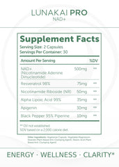 Lunakai PRO NAD ingredient focus NR and resveratrol for cellular health support.