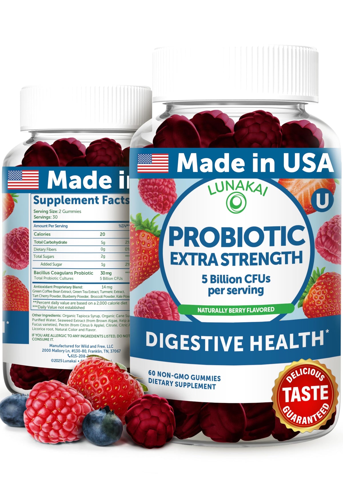 Lunakai probiotic gummies berry flavor bottle close-up for daily gut balance