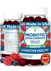 Lunakai probiotic gummies berry flavor bottle close-up for daily gut balance