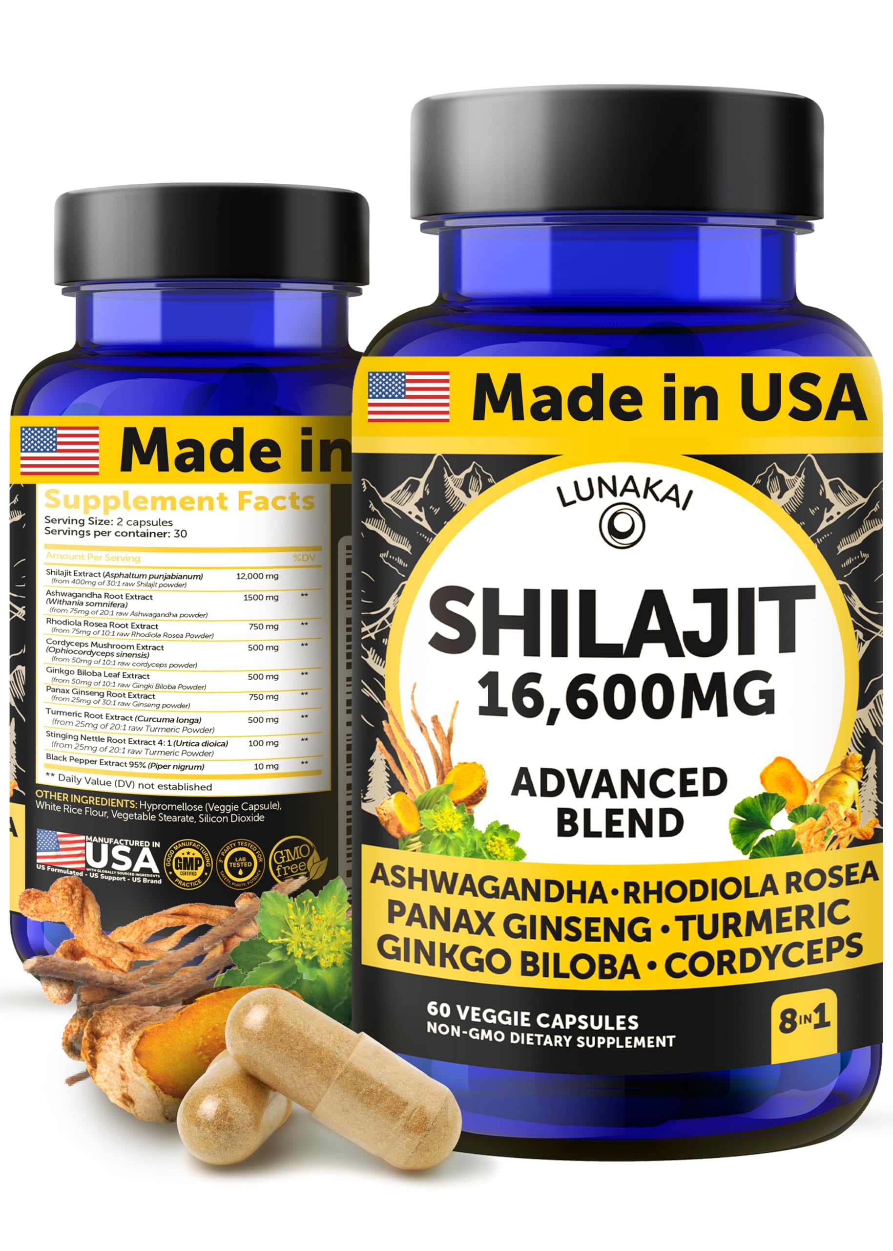 Lunakai Shilajit capsules bottle highlighting pure Himalayan blend for daily wellness.
