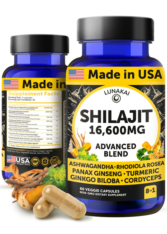 Lunakai Shilajit capsules bottle highlighting pure Himalayan blend for daily wellness.