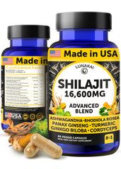 Lunakai Shilajit capsules bottle highlighting pure Himalayan blend for daily wellness.