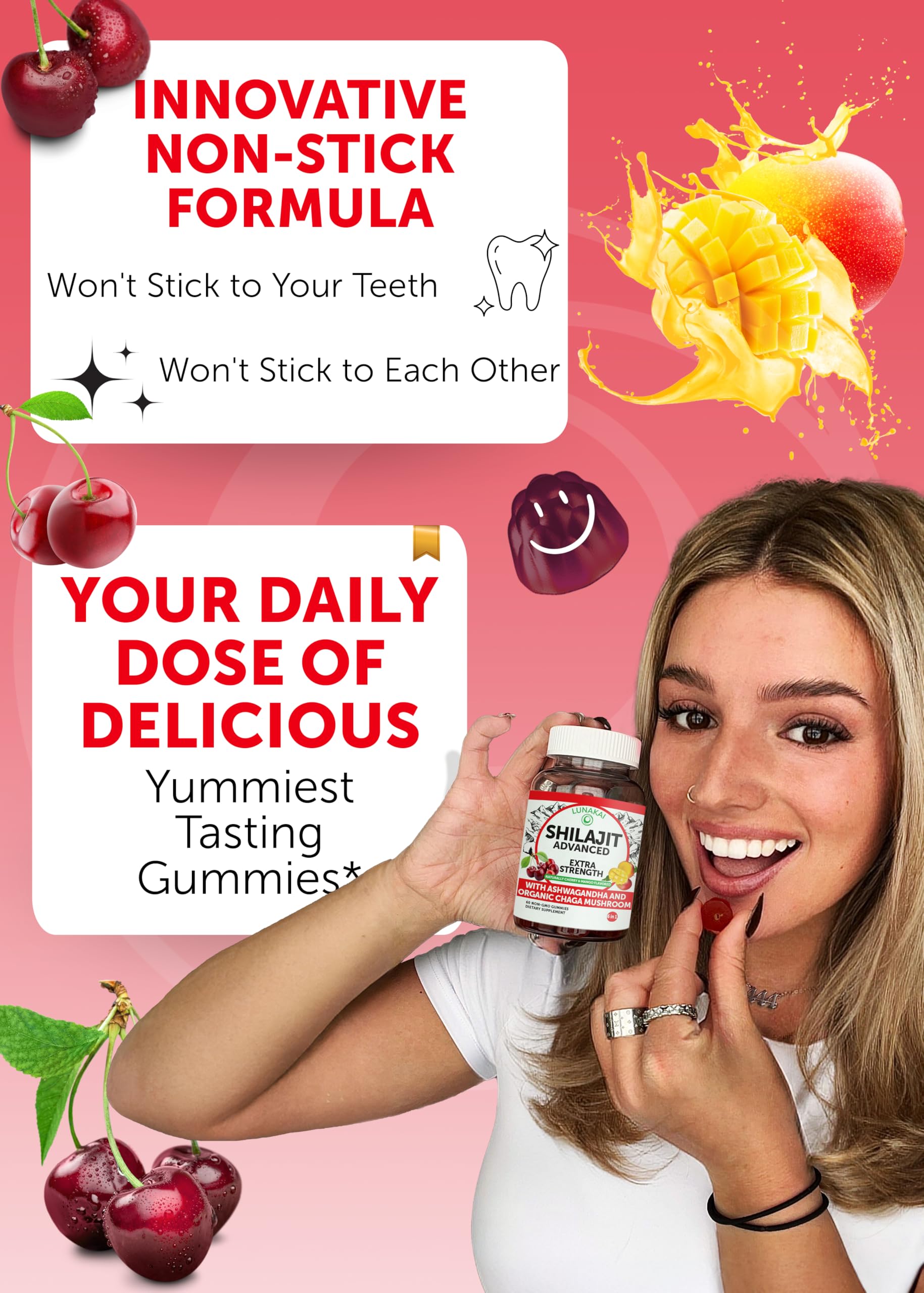 Close up of Lunakai shilajit gummies with cherry mango flavor