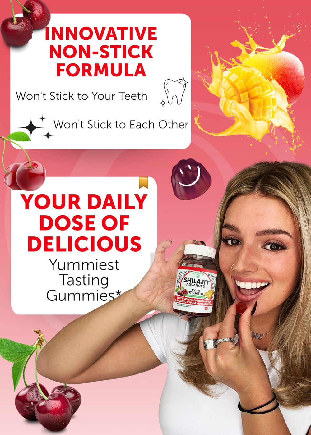 Close up of Lunakai shilajit gummies with cherry mango flavor