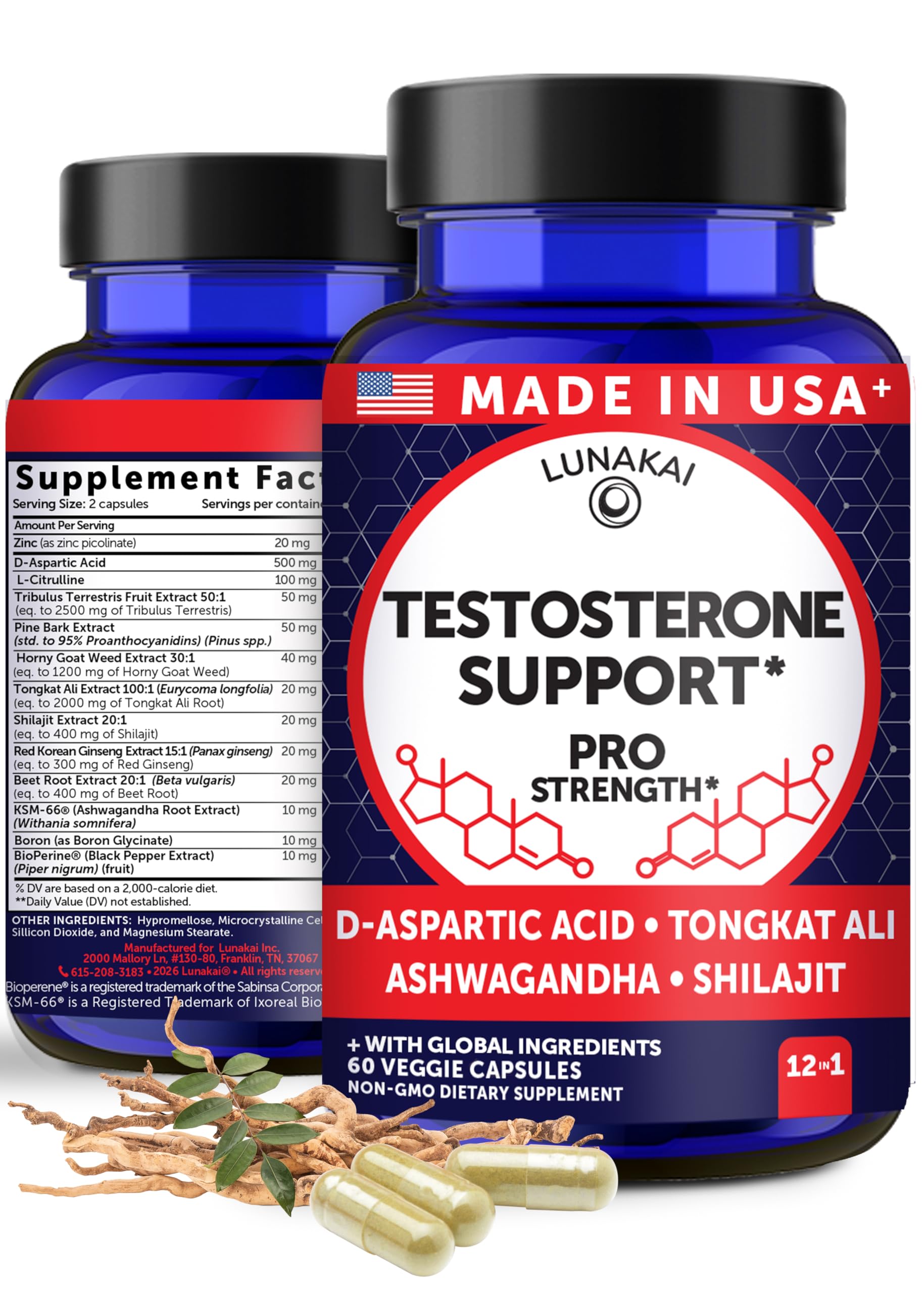 Lunakai testosterone booster with tongkat-ali bottle for natural energy support.