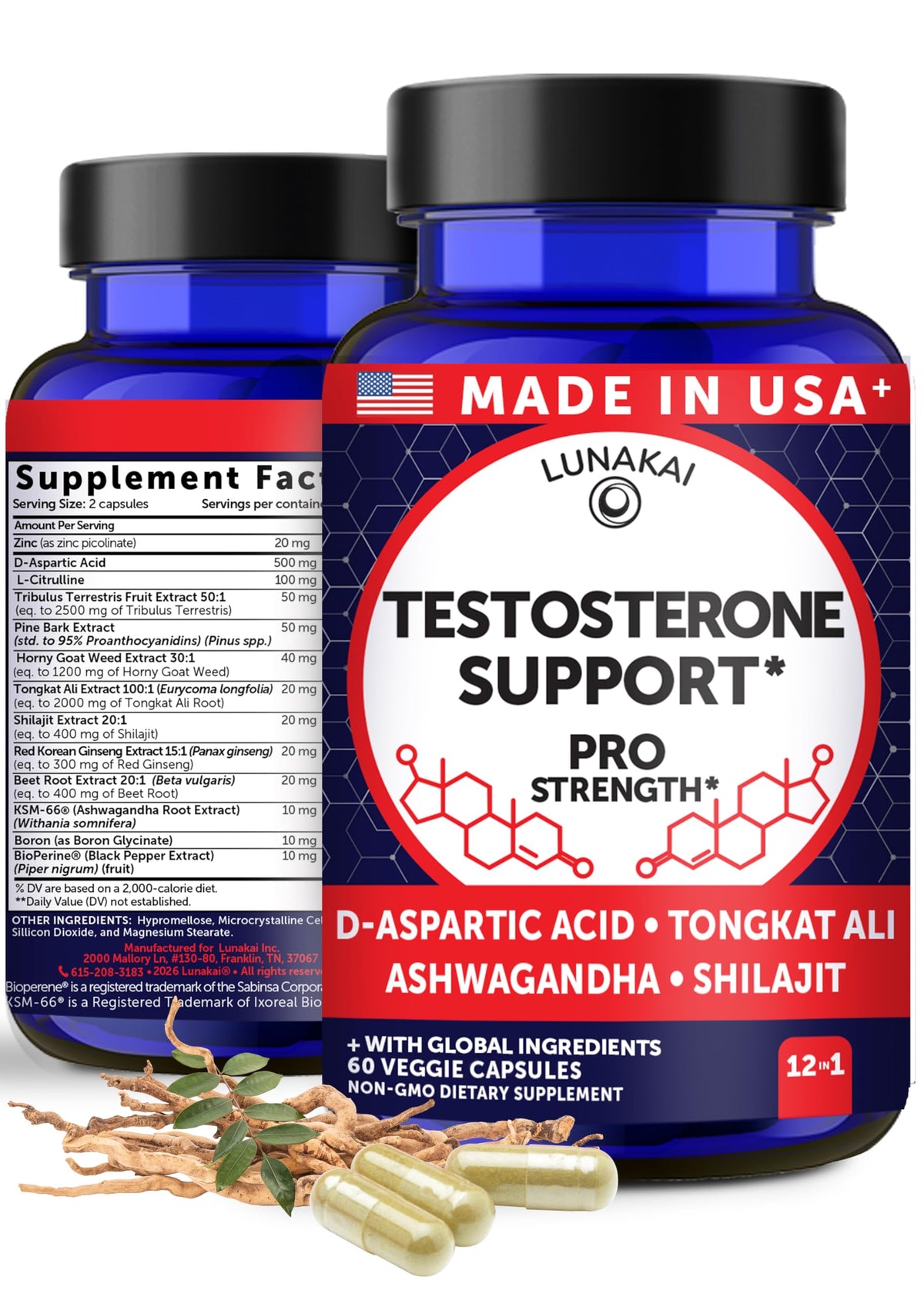 Lunakai testosterone booster with tongkat-ali bottle for natural energy support.