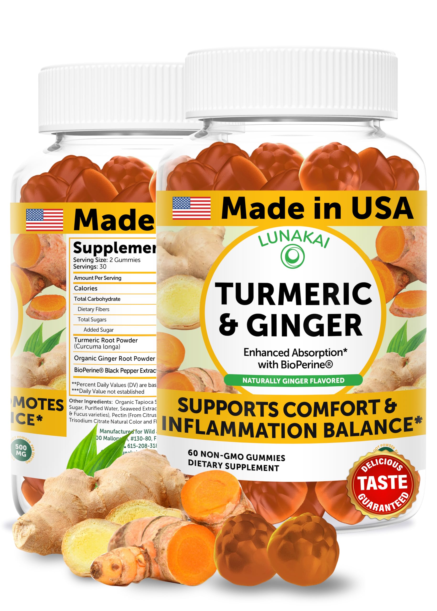 Lunakai turmeric gummies with ginger and BioPerine bottle supports absorption for daily use.